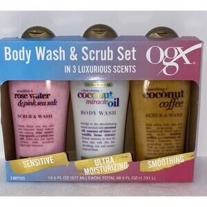 Ogx Body Wash & Scrub Set, 19.5 Fluid Ounce(Pack of 3)-Rose water,coconut,cofee,